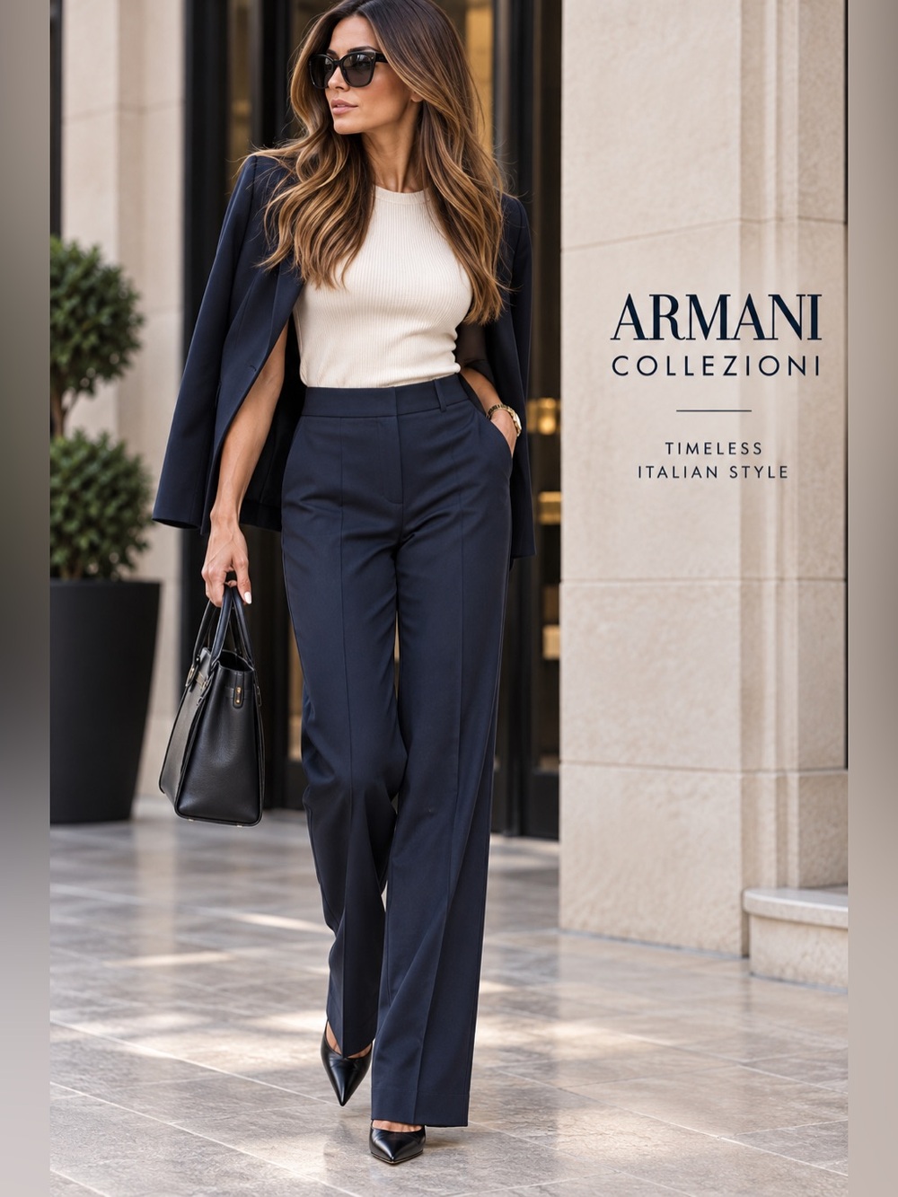 Armani Collezioni Navy Blue Tailored Straight Leg Trousers Pants IT 44